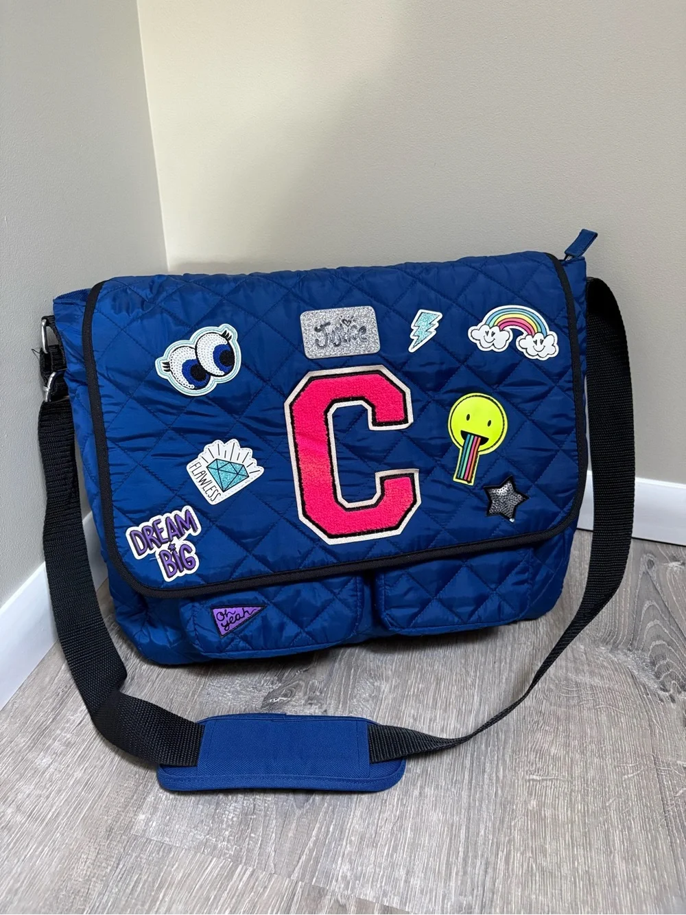 Justice Blue Quilted Patch New Messenger Bag with C Initial